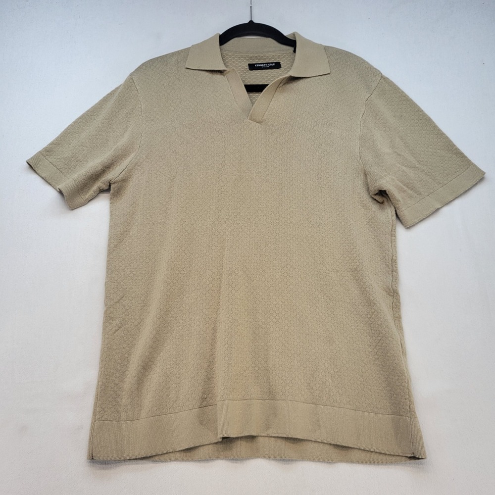 Kenneth Cole Knit Polo Mens Medium Tan Beige Short Sleeve Johnny Collar